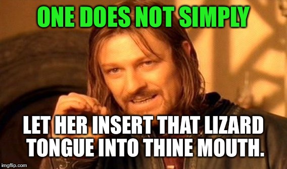 One Does Not Simply Meme | ONE DOES NOT SIMPLY LET HER INSERT THAT LIZARD TONGUE INTO THINE MOUTH. | image tagged in memes,one does not simply | made w/ Imgflip meme maker
