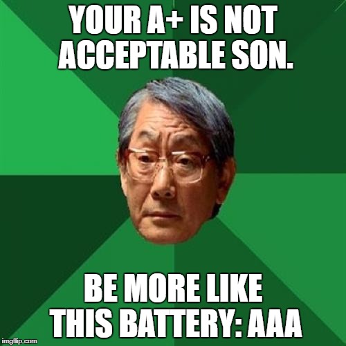 High Expectations Asian Father Meme | YOUR A+ IS NOT ACCEPTABLE SON. BE MORE LIKE THIS BATTERY: AAA | image tagged in memes,high expectations asian father | made w/ Imgflip meme maker