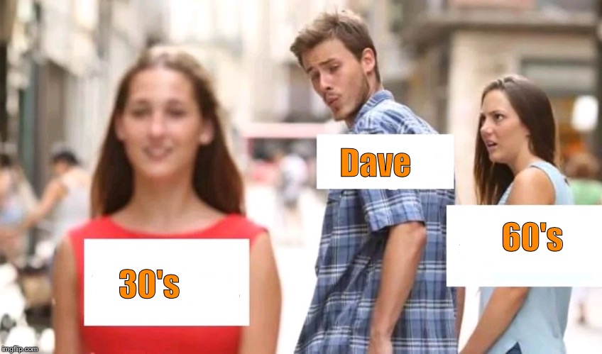 Dave's 60th | Dave; 30's; 60's | image tagged in distracted boyfriend | made w/ Imgflip meme maker