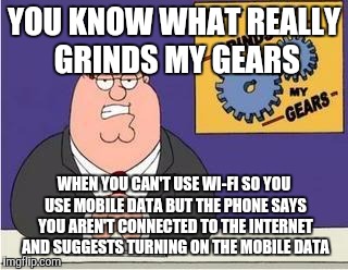 You know what grinds my gears | YOU KNOW WHAT REALLY GRINDS MY GEARS; WHEN YOU CAN'T USE WI-FI SO YOU USE MOBILE DATA BUT THE PHONE SAYS YOU AREN'T CONNECTED TO THE INTERNET AND SUGGESTS TURNING ON THE MOBILE DATA | image tagged in you know what grinds my gears,memes | made w/ Imgflip meme maker