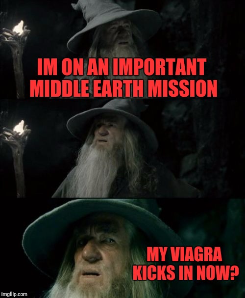 Confused Gandalf Meme | IM ON AN IMPORTANT MIDDLE EARTH MISSION; MY VIAGRA KICKS IN NOW? | image tagged in memes,confused gandalf | made w/ Imgflip meme maker