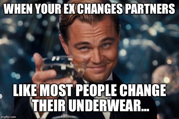 Leonardo Dicaprio Cheers | WHEN YOUR EX CHANGES PARTNERS; LIKE MOST PEOPLE CHANGE THEIR UNDERWEAR... | image tagged in memes,leonardo dicaprio cheers | made w/ Imgflip meme maker