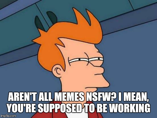 Futurama Fry Meme | AREN'T ALL MEMES NSFW? I MEAN, YOU'RE SUPPOSED TO BE WORKING | image tagged in memes,futurama fry | made w/ Imgflip meme maker