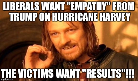 One Does Not Simply Meme | LIBERALS WANT "EMPATHY" FROM TRUMP ON HURRICANE HARVEY; THE VICTIMS WANT "RESULTS"!!! | image tagged in memes,one does not simply | made w/ Imgflip meme maker