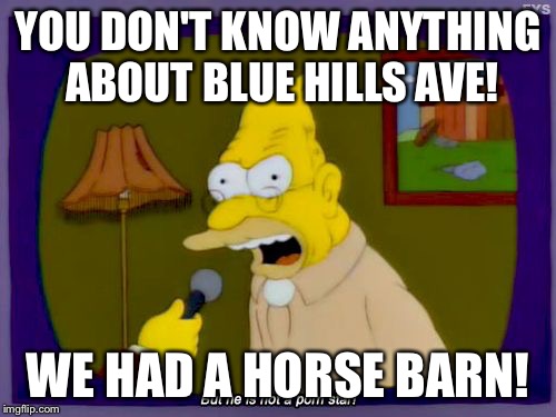 Grandpa Simpson Interview | YOU DON'T KNOW ANYTHING ABOUT BLUE HILLS AVE! WE HAD A HORSE BARN! | image tagged in grandpa simpson interview | made w/ Imgflip meme maker
