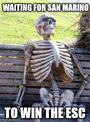 Waiting Skeleton Meme | WAITING FOR SAN MARINO; TO WIN THE ESC | image tagged in memes,waiting skeleton | made w/ Imgflip meme maker