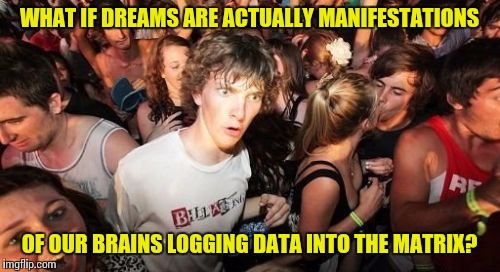 Sudden Clarity Clarence Meme | WHAT IF DREAMS ARE ACTUALLY MANIFESTATIONS; OF OUR BRAINS LOGGING DATA INTO THE MATRIX? | image tagged in memes,sudden clarity clarence | made w/ Imgflip meme maker