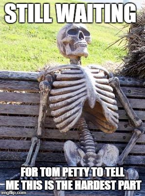 the skeleton for Tom Petty | STILL WAITING; FOR TOM PETTY TO TELL ME THIS IS THE HARDEST PART | image tagged in memes,waiting skeleton,tom petty,music | made w/ Imgflip meme maker