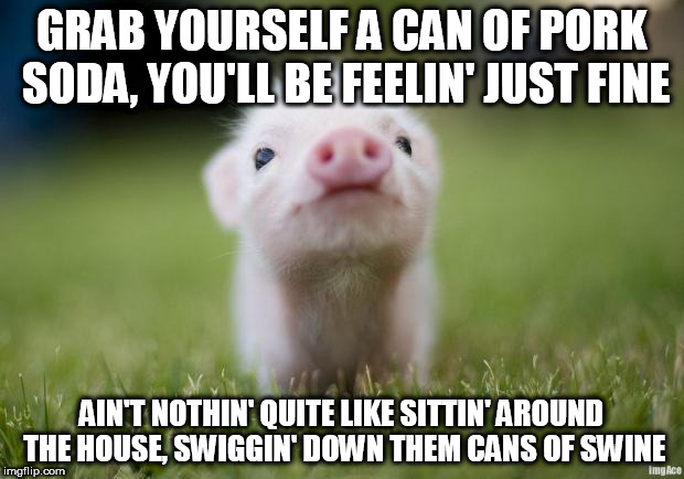 piglet | GRAB YOURSELF A CAN OF PORK SODA, YOU'LL BE FEELIN' JUST FINE; AIN'T NOTHIN' QUITE LIKE SITTIN' AROUND THE HOUSE, SWIGGIN' DOWN THEM CANS OF SWINE | image tagged in piglet,primus,pork soda,can,swig,cans of swine | made w/ Imgflip meme maker