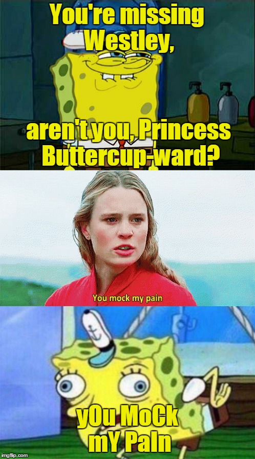 Meet... the Dread Pirate Spongeboberts! Mockery is His Weapon. | You're missing Westley, aren't you, Princess Buttercup-ward? yOu MoCk mY PaIn | image tagged in memes,princess buttercup,princess bride,spongebob,dont you squidward,spongebob mock | made w/ Imgflip meme maker