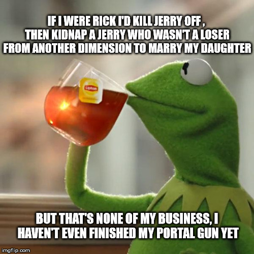 But That's None Of My Business Meme | IF I WERE RICK I'D KILL JERRY OFF , THEN KIDNAP A JERRY WHO WASN'T A LOSER FROM ANOTHER DIMENSION TO MARRY MY DAUGHTER; BUT THAT'S NONE OF MY BUSINESS, I HAVEN'T EVEN FINISHED MY PORTAL GUN YET | image tagged in memes,but thats none of my business,kermit the frog | made w/ Imgflip meme maker
