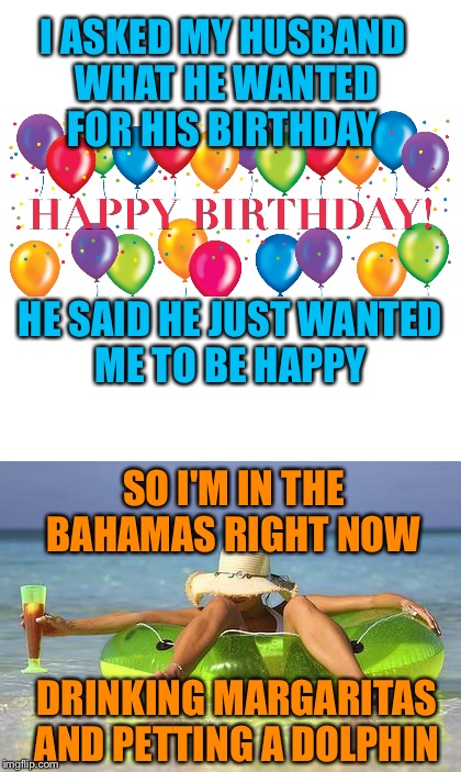 He had his chance.... | I ASKED MY HUSBAND WHAT HE WANTED FOR HIS BIRTHDAY; HE SAID HE JUST WANTED ME TO BE HAPPY; SO I'M IN THE BAHAMAS RIGHT NOW; DRINKING MARGARITAS AND PETTING A DOLPHIN | image tagged in happy birthday | made w/ Imgflip meme maker