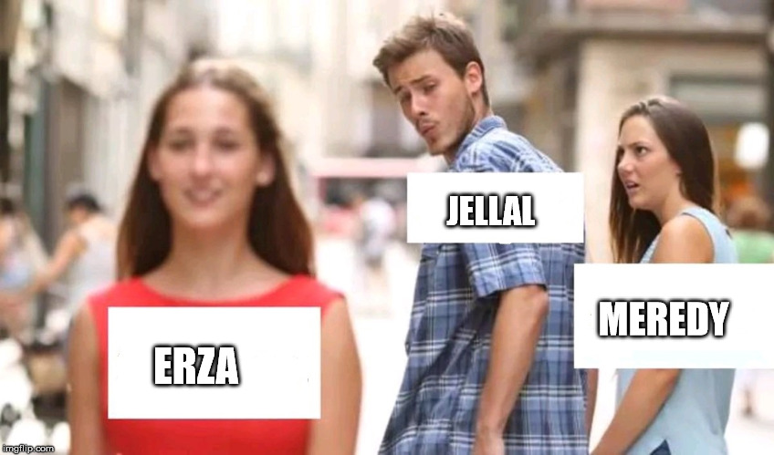 Distracted boyfriend | JELLAL; MEREDY; ERZA | image tagged in distracted boyfriend | made w/ Imgflip meme maker