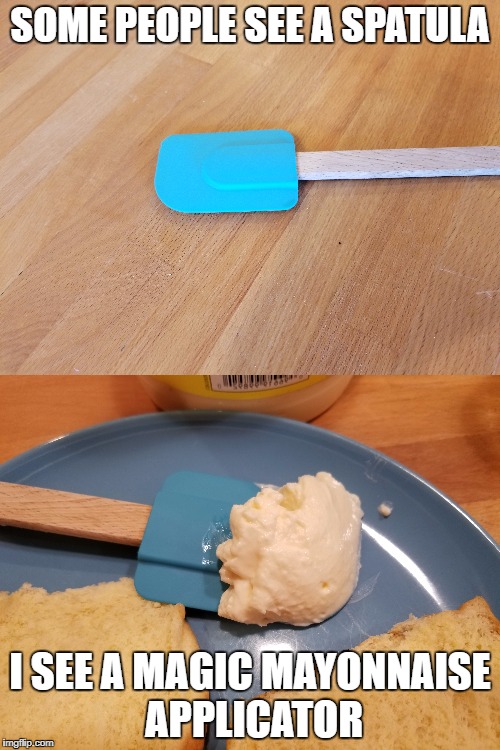 Condiment of the gods. | SOME PEOPLE SEE A SPATULA; I SEE A MAGIC MAYONNAISE APPLICATOR | image tagged in food | made w/ Imgflip meme maker