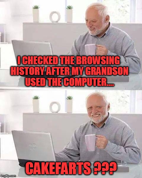 Hide the Pain Harold Meme | I CHECKED THE BROWSING HISTORY AFTER MY GRANDSON USED THE COMPUTER.... CAKEFARTS ??? | image tagged in memes,hide the pain harold | made w/ Imgflip meme maker