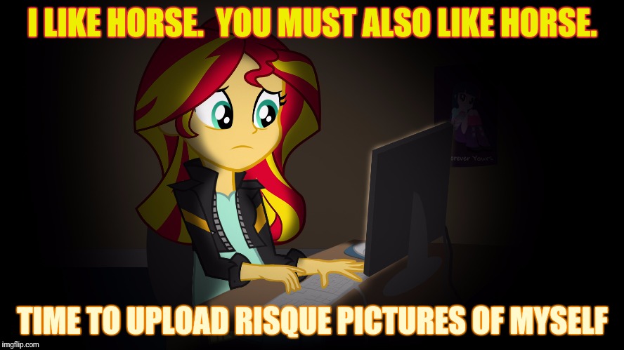 OneDoesNotSimplyFuckWithSunsetsFacebook | I LIKE HORSE.  YOU MUST ALSO LIKE HORSE. TIME TO UPLOAD RISQUE PICTURES OF MYSELF | image tagged in onedoesnotsimplyfuckwithsunsetsfacebook | made w/ Imgflip meme maker