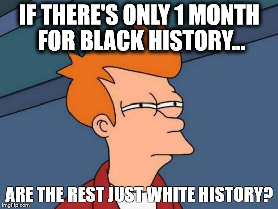 Futurama Fry | IF THERE'S ONLY 1 MONTH FOR BLACK HISTORY... ARE THE REST JUST WHITE HISTORY? | image tagged in memes,futurama fry | made w/ Imgflip meme maker