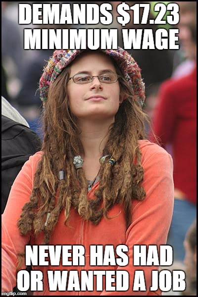 Welfare pays well | DEMANDS $17.23 MINIMUM WAGE; NEVER HAS HAD OR WANTED A JOB | image tagged in memes,college liberal,minimum wage,political meme,funny | made w/ Imgflip meme maker