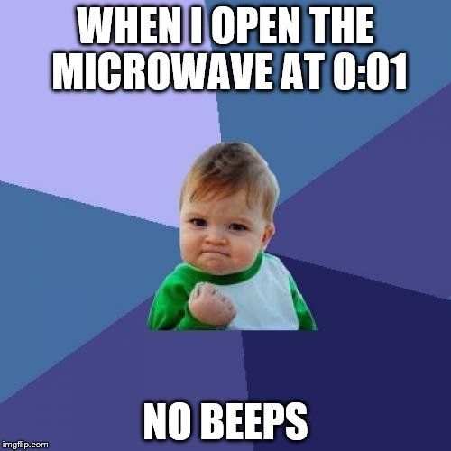 Success Kid Meme | WHEN I OPEN THE MICROWAVE AT 0:01; NO BEEPS | image tagged in memes,success kid | made w/ Imgflip meme maker