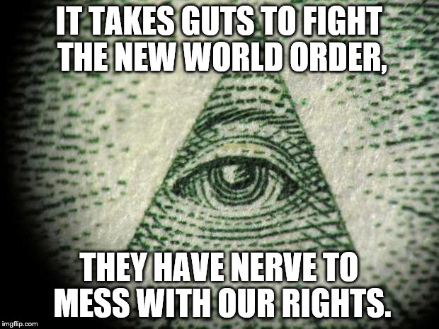 Illuminati | IT TAKES GUTS TO FIGHT THE NEW WORLD ORDER, THEY HAVE NERVE TO MESS WITH OUR RIGHTS. | image tagged in illuminati | made w/ Imgflip meme maker