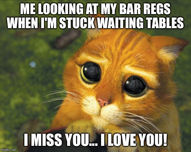 puss in boots | ME LOOKING AT MY BAR REGS WHEN I'M STUCK WAITING TABLES; I MISS YOU... I LOVE YOU! | image tagged in puss in boots | made w/ Imgflip meme maker