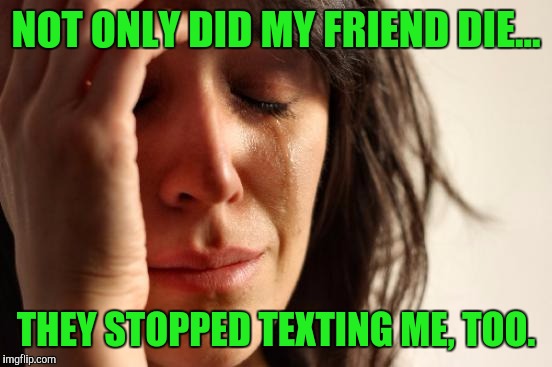 Choose Better Friends ! | NOT ONLY DID MY FRIEND DIE... THEY STOPPED TEXTING ME, TOO. | image tagged in memes,first world problems | made w/ Imgflip meme maker