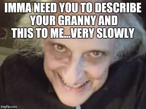 IMMA NEED YOU TO DESCRIBE YOUR GRANNY AND THIS TO ME...VERY SLOWLY | made w/ Imgflip meme maker
