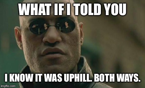 Matrix Morpheus Meme | WHAT IF I TOLD YOU I KNOW IT WAS UPHILL. BOTH WAYS. | image tagged in memes,matrix morpheus | made w/ Imgflip meme maker