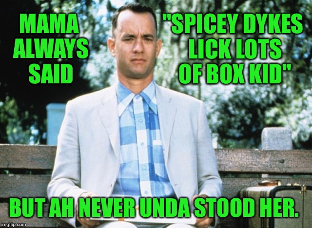 MAMA ALWAYS SAID "SPICEY DYKES LICK LOTS OF BOX KID" BUT AH NEVER UNDA STOOD HER. | made w/ Imgflip meme maker