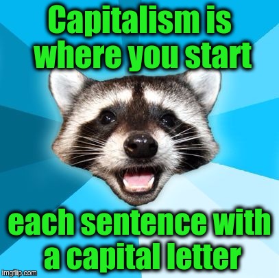 Joke Racoon | Capitalism is where you start; each sentence with a capital letter | image tagged in joke racoon,memes,funny,capitalism,puns | made w/ Imgflip meme maker