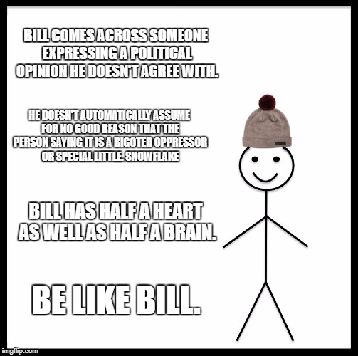 Be Like Bill Meme | BILL COMES ACROSS SOMEONE EXPRESSING A POLITICAL OPINION HE DOESN'T AGREE WITH. HE DOESN'T AUTOMATICALLY ASSUME FOR NO GOOD REASON THAT THE PERSON SAYING IT IS A BIGOTED OPPRESSOR OR SPECIAL LITTLE. SNOWFLAKE; BILL HAS HALF A HEART AS WELL AS HALF A BRAIN. BE LIKE BILL. | image tagged in memes,be like bill | made w/ Imgflip meme maker