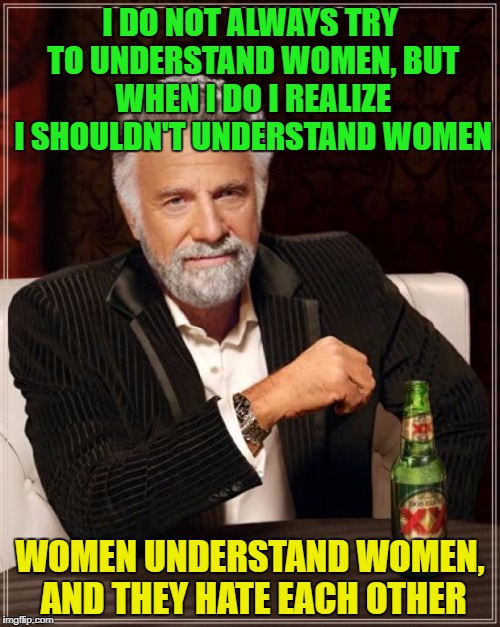 Women. The biggest riddle in history - at least for men ^^ | I DO NOT ALWAYS TRY TO UNDERSTAND WOMEN, BUT WHEN I DO I REALIZE I SHOULDN'T UNDERSTAND WOMEN; WOMEN UNDERSTAND WOMEN, AND THEY HATE EACH OTHER | image tagged in memes,the most interesting man in the world,funny,women | made w/ Imgflip meme maker