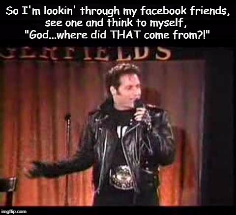 The Diceman's Facebook Friends | So I'm lookin' through my facebook friends, see one and think to myself, "God...where did THAT come from?!" | image tagged in andrew dice clay,facebook friends,funny,funny memes | made w/ Imgflip meme maker
