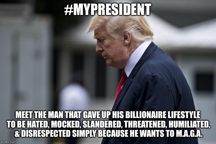 #MYPRESIDENT; MEET THE MAN THAT GAVE UP HIS BILLIONAIRE LIFESTYLE TO BE HATED, MOCKED, SLANDERED, THREATENED, HUMILIATED, & DISRESPECTED SIMPLY BECAUSE HE WANTS TO M.A.G.A. | image tagged in potus hero | made w/ Imgflip meme maker