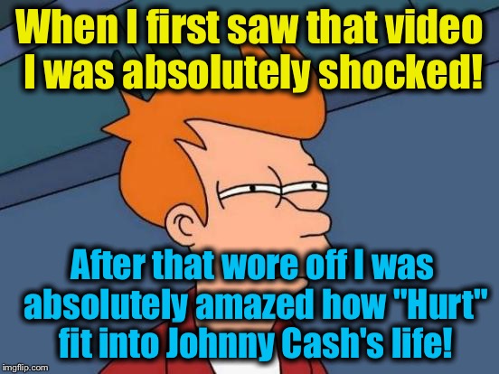 Futurama Fry Meme | When I first saw that video I was absolutely shocked! After that wore off I was absolutely amazed how "Hurt" fit into Johnny Cash's life! | image tagged in memes,futurama fry | made w/ Imgflip meme maker