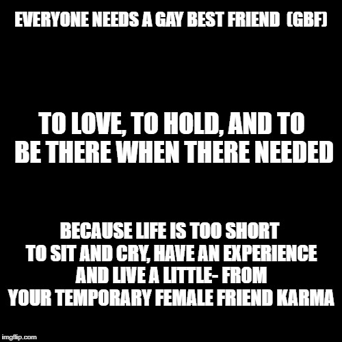 Black Box | EVERYONE NEEDS A GAY BEST FRIEND 
(GBF); TO LOVE, TO HOLD, AND TO BE THERE WHEN THERE NEEDED; BECAUSE LIFE IS TOO SHORT TO SIT AND CRY, HAVE AN EXPERIENCE AND LIVE A LITTLE- FROM YOUR TEMPORARY FEMALE FRIEND KARMA | image tagged in black box | made w/ Imgflip meme maker