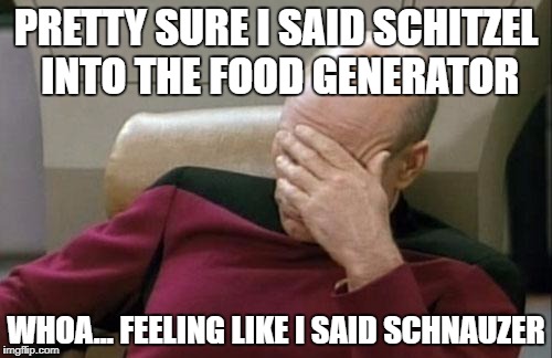 Captain Picard Facepalm | PRETTY SURE I SAID SCHITZEL INTO THE FOOD GENERATOR; WHOA... FEELING LIKE I SAID SCHNAUZER | image tagged in memes,captain picard facepalm | made w/ Imgflip meme maker