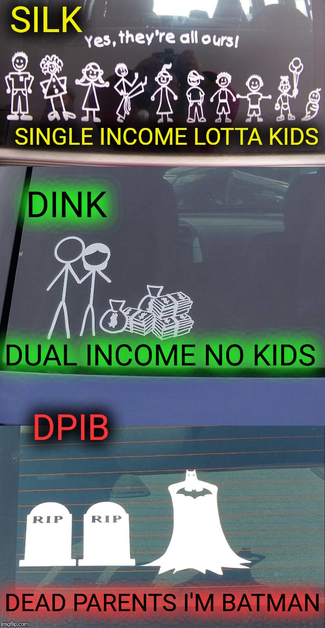 Handy acronyms for family status based on rear window stickers | SILK; SINGLE INCOME LOTTA KIDS; DINK; DUAL INCOME NO KIDS; DPIB; DEAD PARENTS I'M BATMAN | image tagged in family status,rear window stickers,code,kids,batman | made w/ Imgflip meme maker