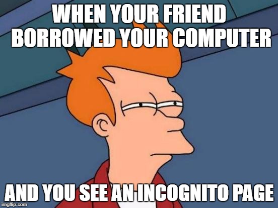 Futurama Fry Meme | WHEN YOUR FRIEND BORROWED YOUR COMPUTER; AND YOU SEE AN INCOGNITO PAGE | image tagged in memes,futurama fry | made w/ Imgflip meme maker