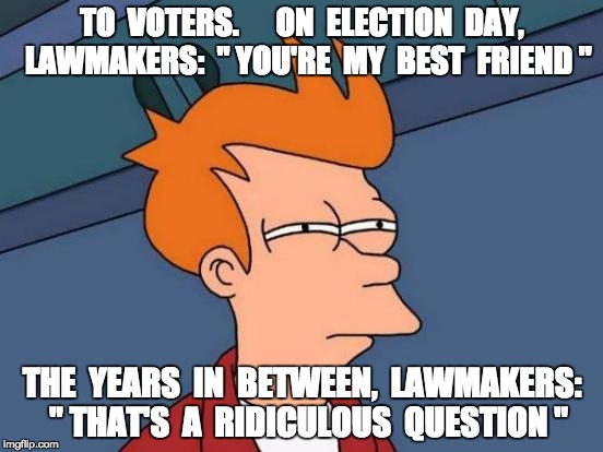 Futurama Fry Meme | TO  VOTERS.     
ON  ELECTION  DAY,  LAWMAKERS:  " YOU'RE  MY  BEST  FRIEND "; THE  YEARS  IN  BETWEEN,  LAWMAKERS:  " THAT'S  A  RIDICULOUS  QUESTION " | image tagged in memes,futurama fry | made w/ Imgflip meme maker