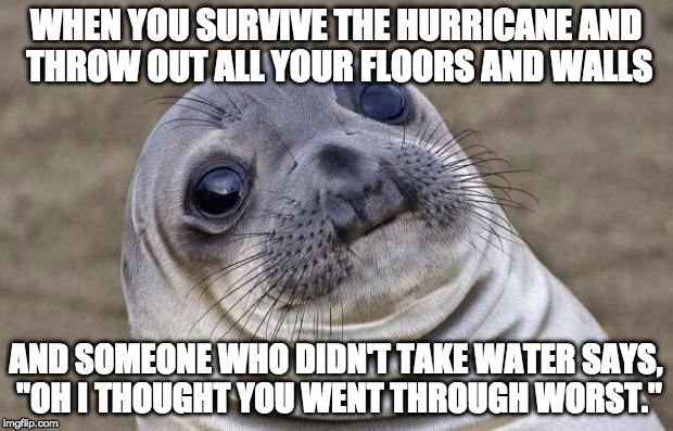 I'm not looking for a pity party but come on!! | WHEN YOU SURVIVE THE HURRICANE AND THROW OUT ALL YOUR FLOORS AND WALLS; AND SOMEONE WHO DIDN'T TAKE WATER SAYS, "OH I THOUGHT YOU WENT THROUGH WORST." | image tagged in memes,awkward moment sealion,hurricane harvey,iwanttobebacon,iwanttobebaconcom,hurricane | made w/ Imgflip meme maker