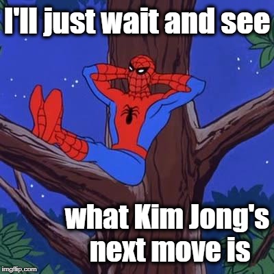 I'm actually nervous right now,  folks | I'll just wait and see; what Kim Jong's next move is | image tagged in spiderman | made w/ Imgflip meme maker