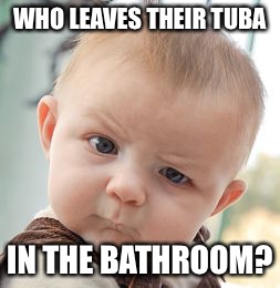 Skeptical Baby Meme | WHO LEAVES THEIR TUBA IN THE BATHROOM? | image tagged in memes,skeptical baby | made w/ Imgflip meme maker