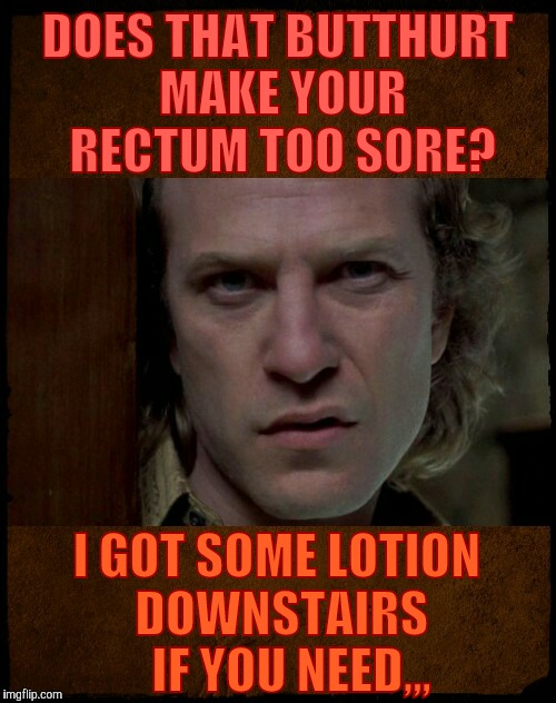 Buffalo Bill, Are you serious?,,, | DOES THAT BUTTHURT MAKE YOUR RECTUM TOO SORE? I GOT SOME LOTION DOWNSTAIRS   IF YOU NEED,,, | image tagged in buffalo bill are you serious?   | made w/ Imgflip meme maker