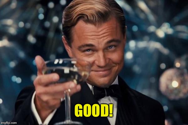 Leonardo Dicaprio Cheers Meme | GOOD! | image tagged in memes,leonardo dicaprio cheers | made w/ Imgflip meme maker