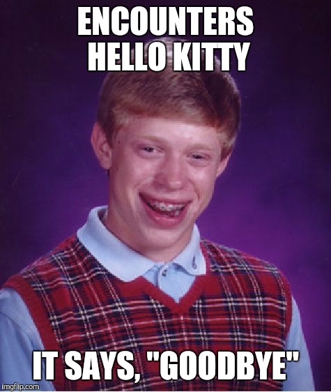 Bad Luck Brian Meme | ENCOUNTERS HELLO KITTY; IT SAYS, "GOODBYE" | image tagged in memes,bad luck brian | made w/ Imgflip meme maker