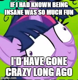 Twilight Sparkle crazy | IF I HAD KNOWN BEING INSANE WAS SO MUCH FUN; I'D HAVE GONE CRAZY LONG AGO | image tagged in twilight sparkle crazy | made w/ Imgflip meme maker