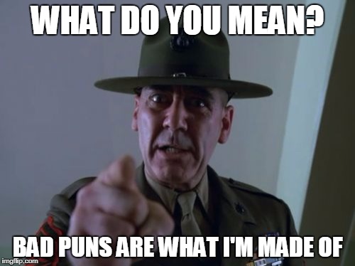 Girls Just Wanna Have Puns! | WHAT DO YOU MEAN? BAD PUNS ARE WHAT I'M MADE OF | image tagged in memes,sergeant hartmann,jokes,bad puns | made w/ Imgflip meme maker