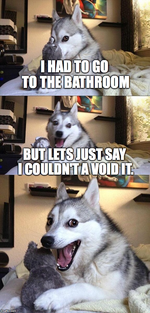 Bad Pun Dog Meme | I HAD TO GO TO THE BATHROOM; BUT LETS JUST SAY I COULDN'T A VOID IT. | image tagged in memes,bad pun dog | made w/ Imgflip meme maker