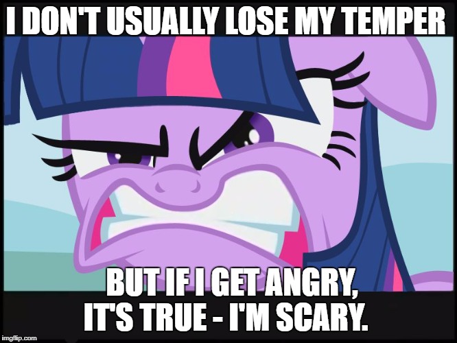 angry twilight sparkle | I DON'T USUALLY LOSE MY TEMPER; BUT IF I GET ANGRY, IT'S TRUE - I'M SCARY. | image tagged in angry twilight sparkle | made w/ Imgflip meme maker